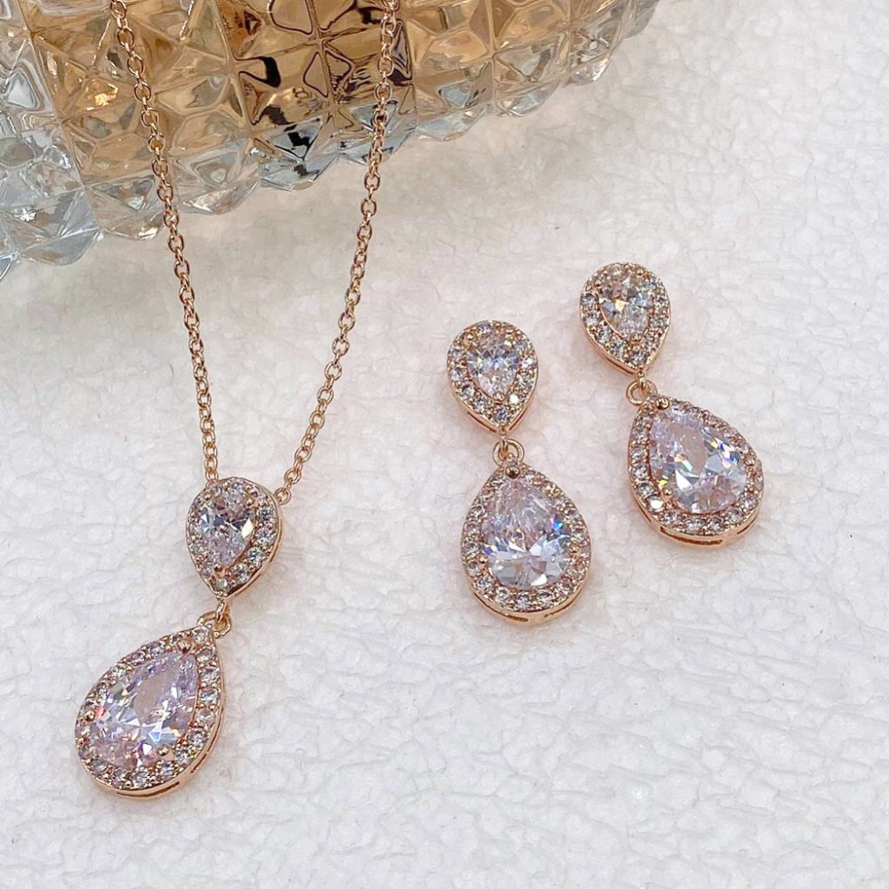 Photograph of Celeste Rose Gold Crystal Embellished Wedding Jewellery Set