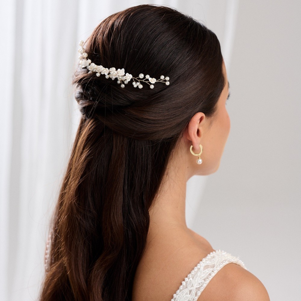 Photograph of Confetti Flowers and Pearl Hair Vine on Comb (Gold)