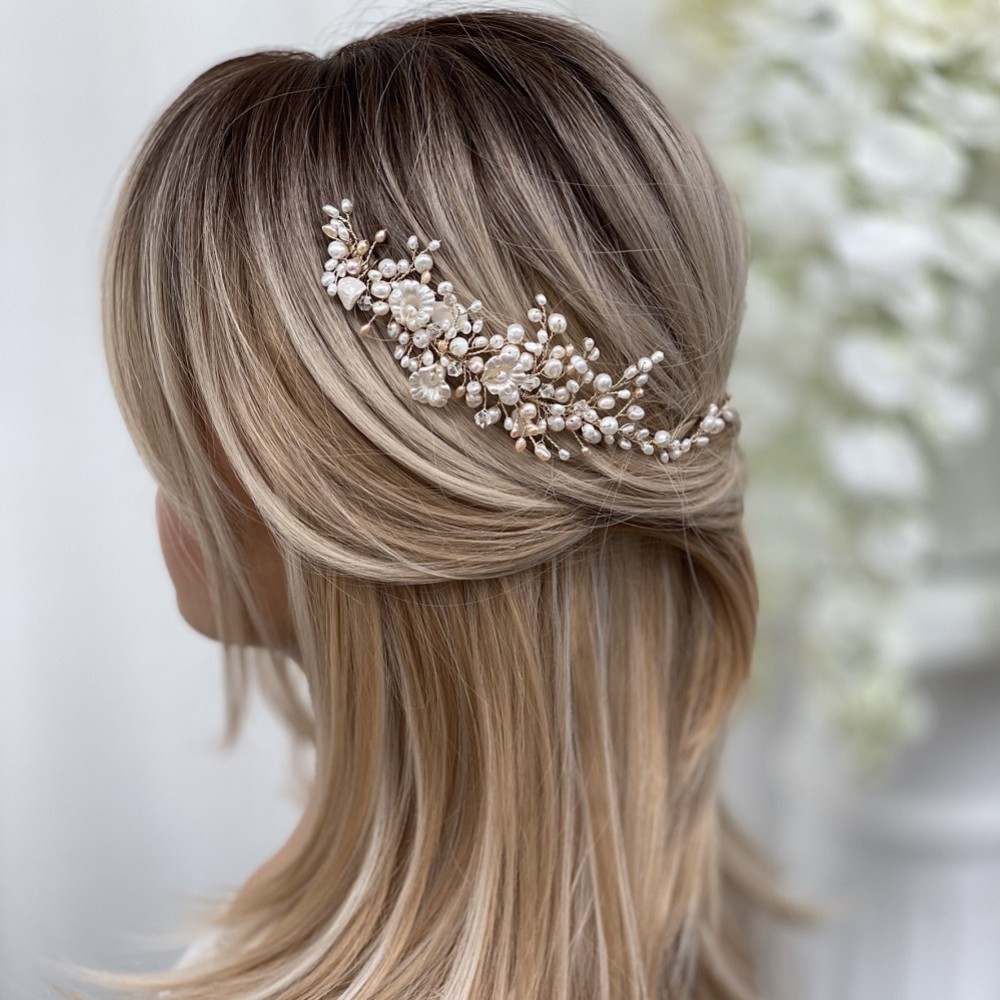 Photograph of Deloras Gold Freshwater Pearl and Flowers Hair Vine