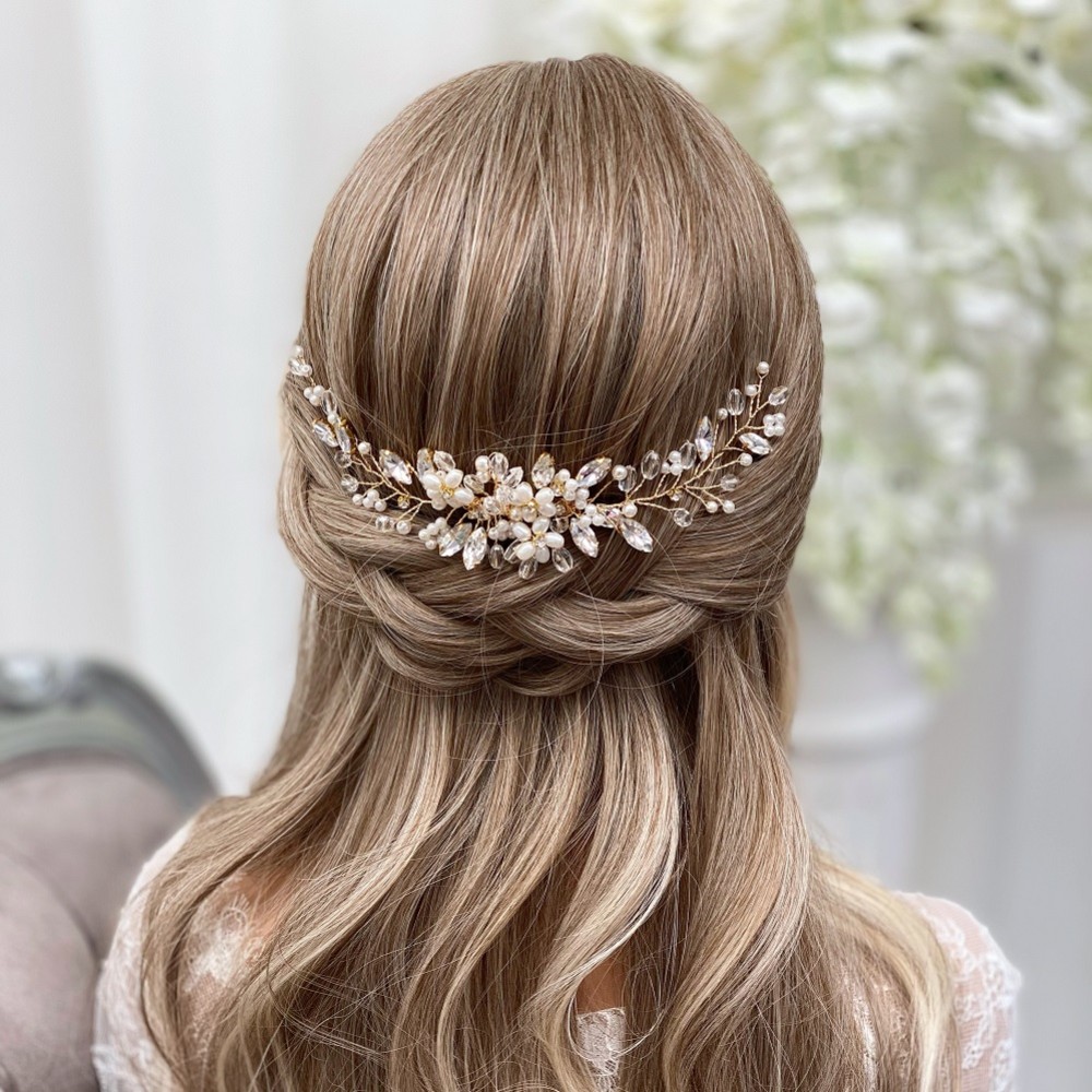 Photograph of Destiny Pearl Flowers and Crystal Sprigs Bridal Headpiece (Gold)