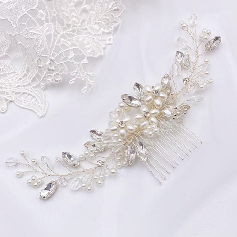 Photograph: Destiny Pearl Flowers and Crystal Sprigs Bridal Headpiece (Silver)