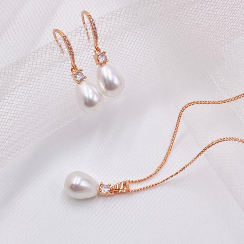 Dolci Rose Gold Crystal and Teardrop Pearl Bridal Jewellery Set