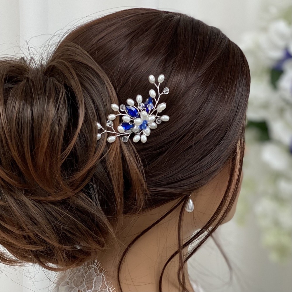 Photograph of Ellie Pearl Cluster Wedding Hair Pin (Sapphire)