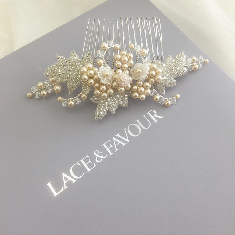Photograph of Elouise Beaded Leaves and Champagne Pearl Vintage Inspired Hair Comb