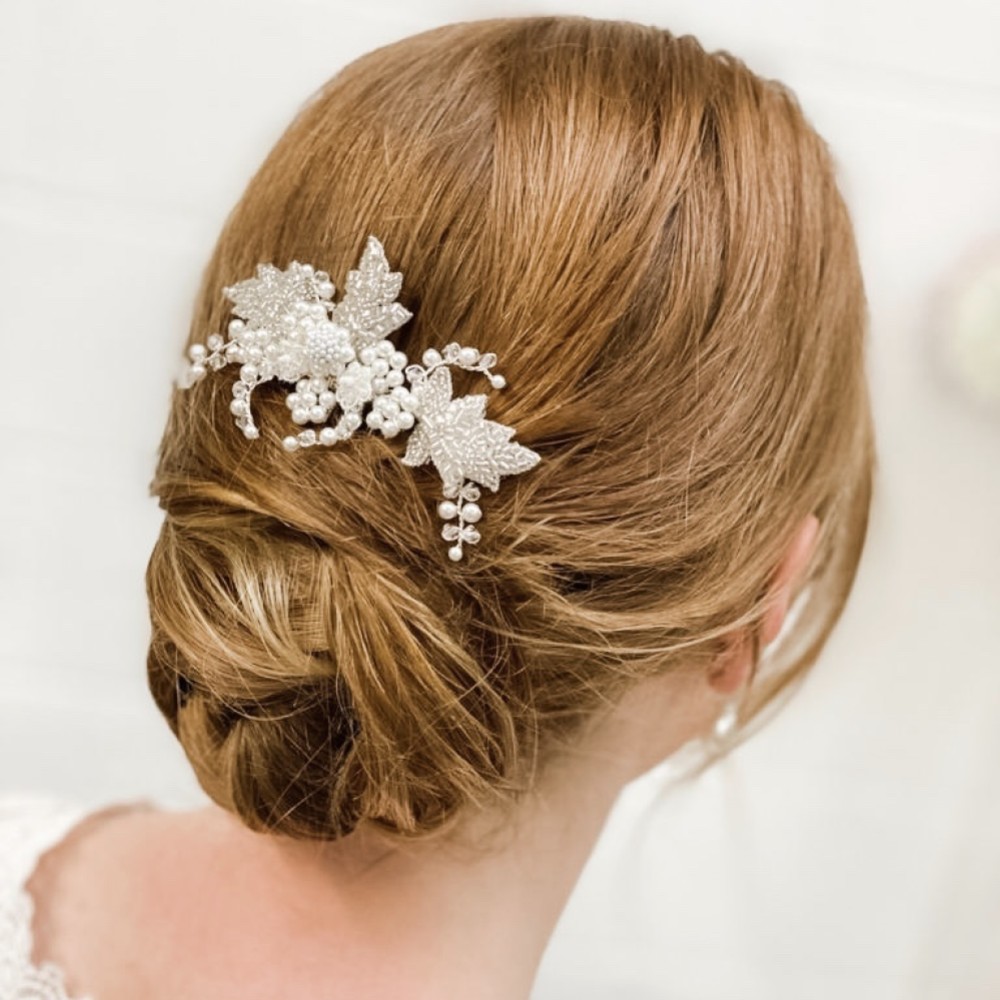 Photograph of Elouise Beaded Leaves and Ivory Pearl Vintage Inspired Hair Comb