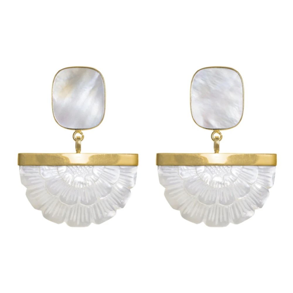 Photograph of Freya Rose Gold Hand Carved Mother of Pearl Rose Fan Drop Earrings