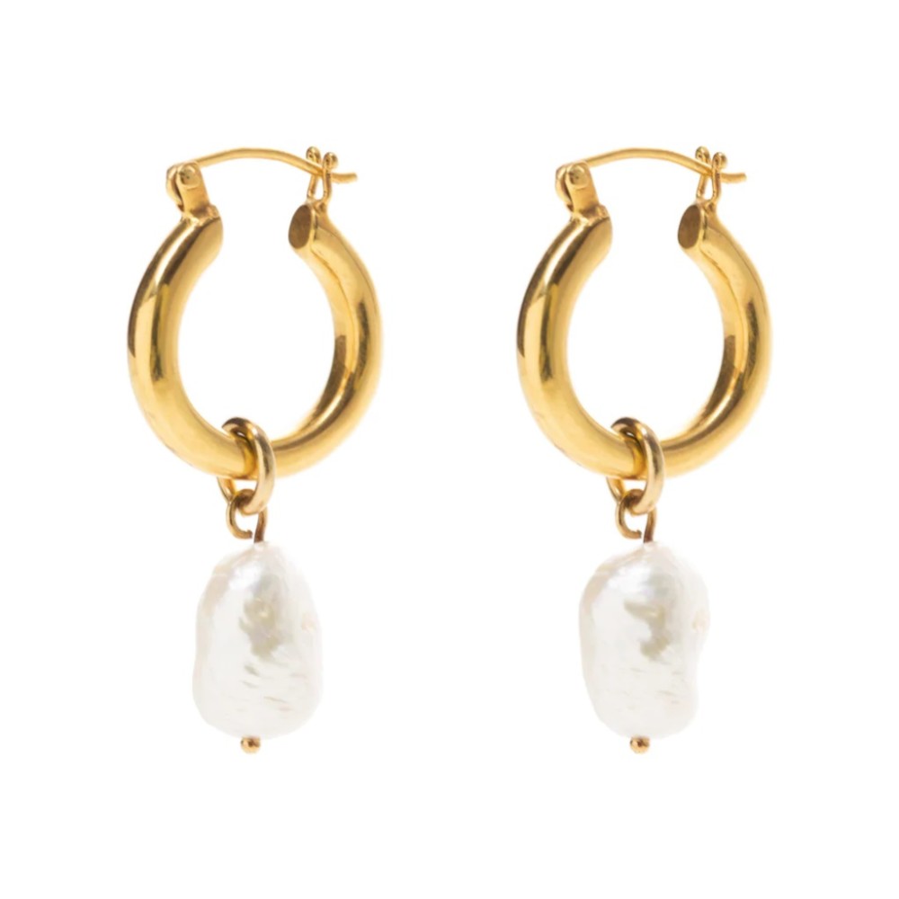 Photograph of Freya Rose Gold Mini Hoop Earrings with Baroque Pearls