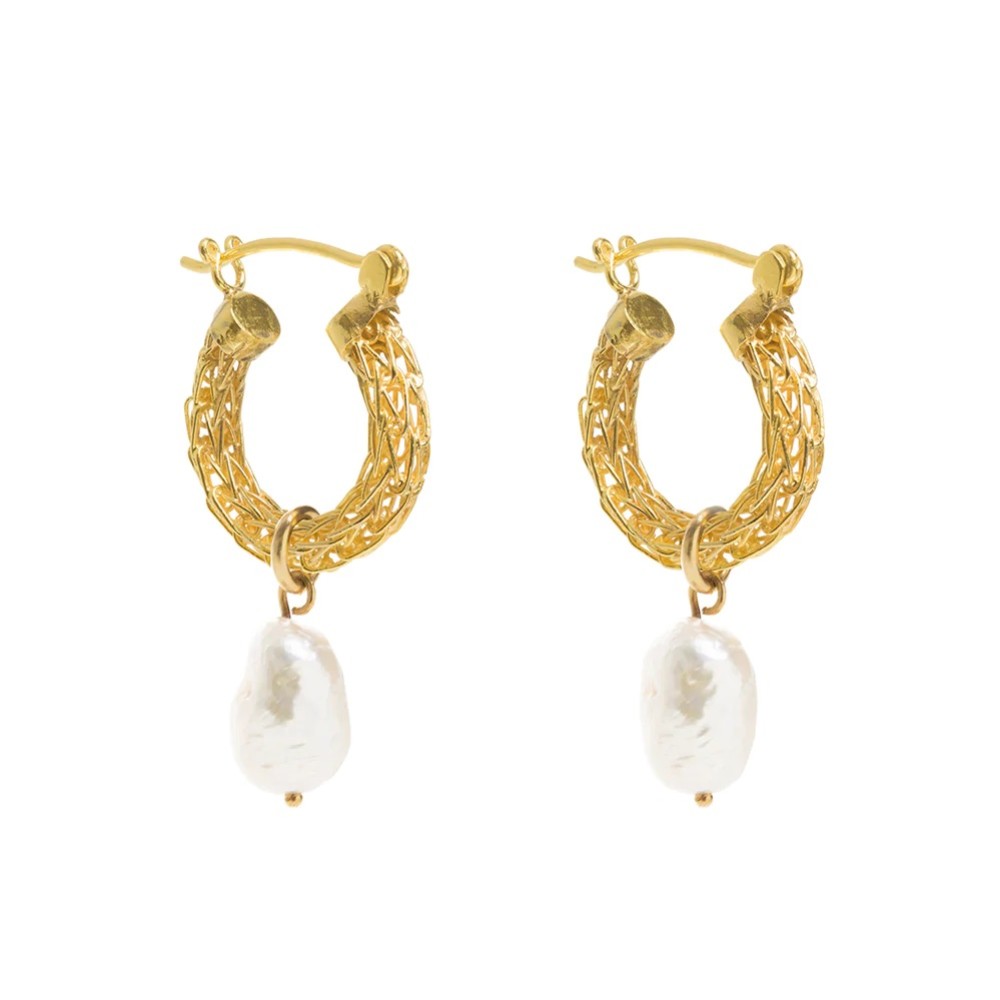 Photograph of Freya Rose Gold Weave Mini Hoop Earrings with Baroque Pearls