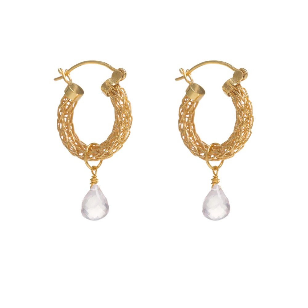 Photograph: Freya Rose Gold Weave Mini Hoop Earrings with Rose Quartz Crystals