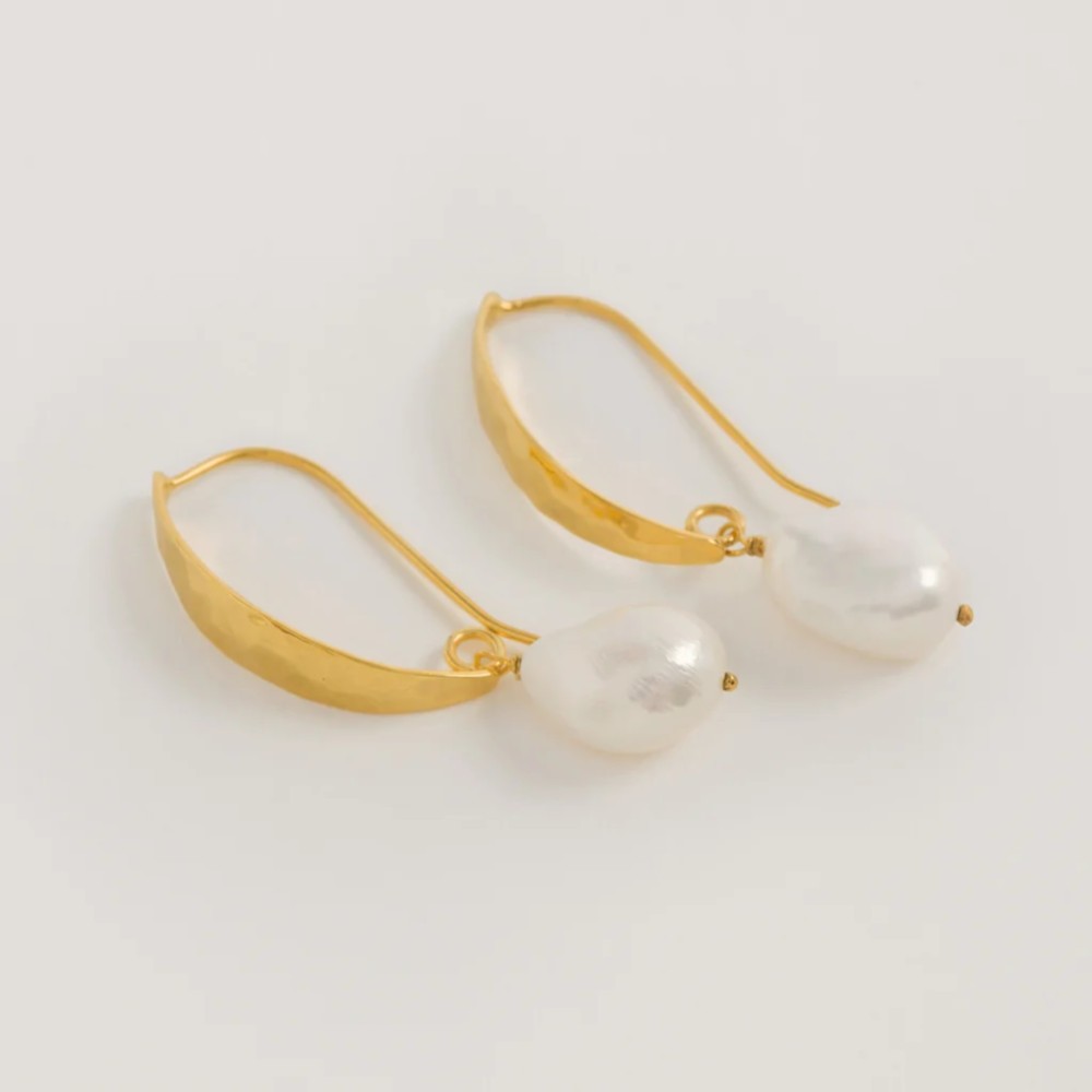 Freya Rose Hammered Gold Baroque Pearl Drop Earrings