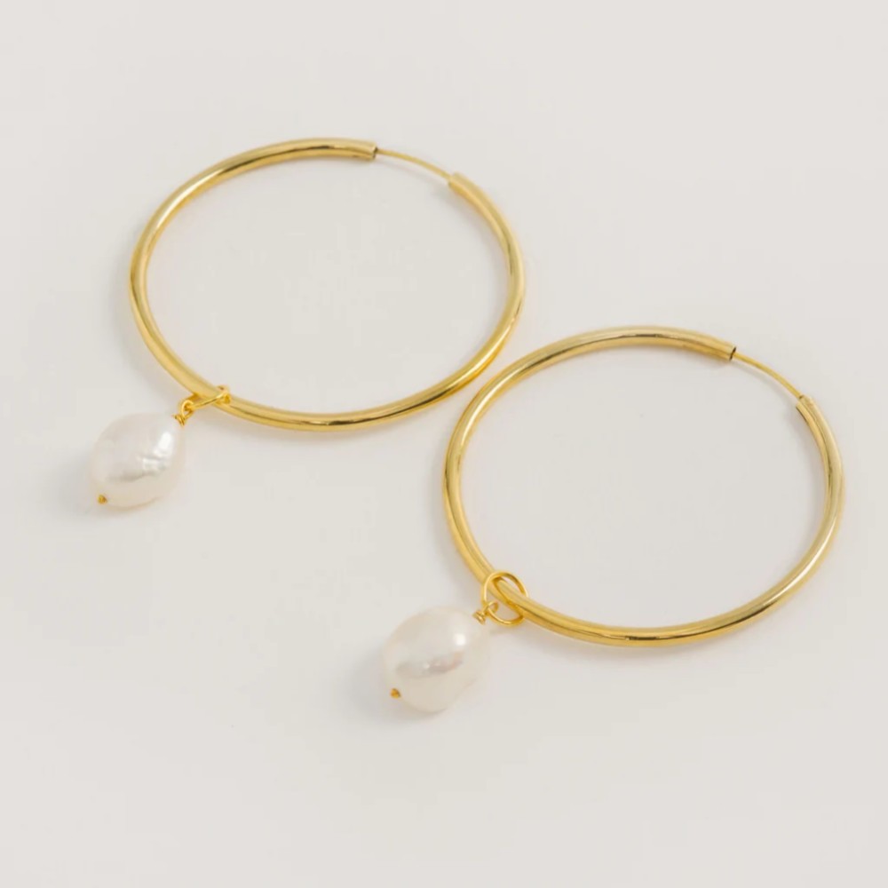Photograph of Freya Rose Large Gold Hoop Earrings with Baroque Pearls