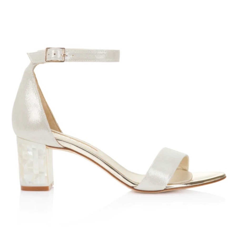 Photograph of Freya Rose Martene Midi Champagne Suede Mother of Pearl Block Heel Sandals