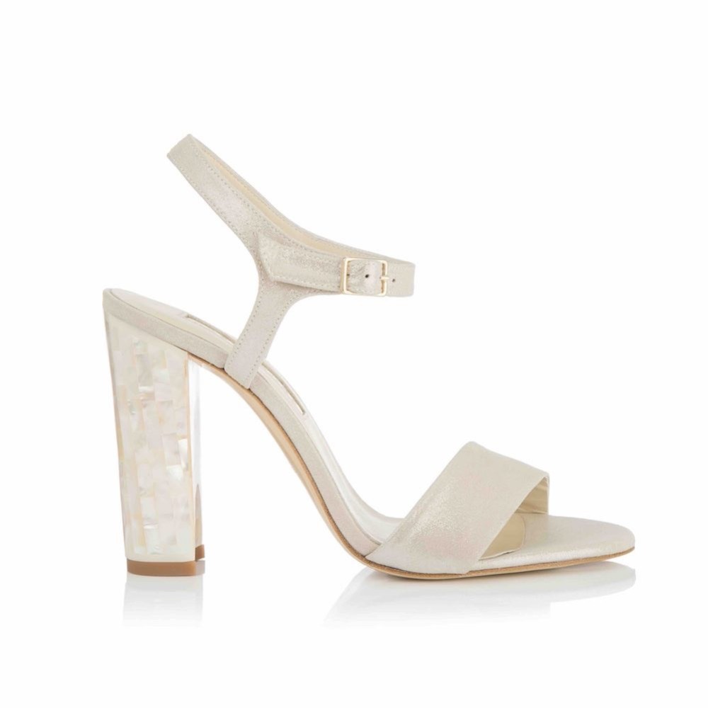 Photograph of Freya Rose Martina Champagne Suede Mother of Pearl Block Heel Sandals