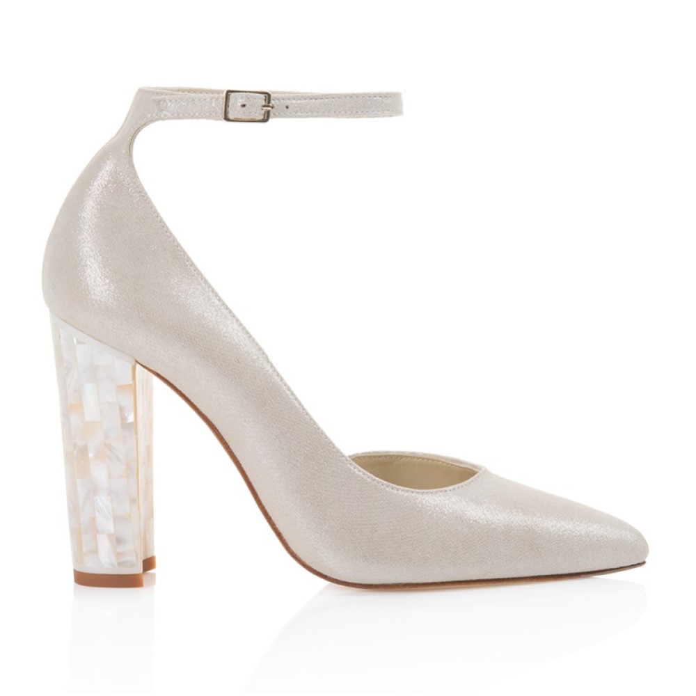 Photograph of Freya Rose Monica Champagne Suede Mother of Pearl Block Heel Courts