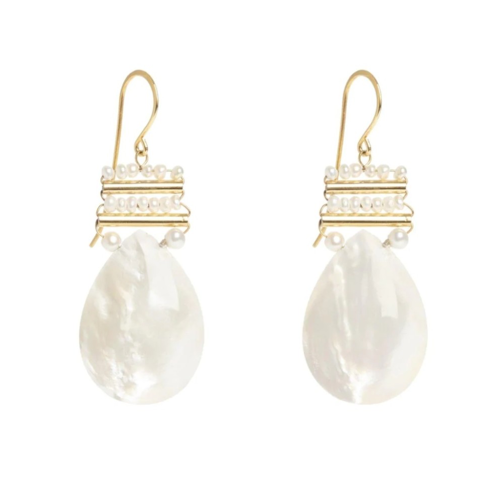 Photograph of Freya Rose Mother of Pearl Gold Pear Drop Earrings