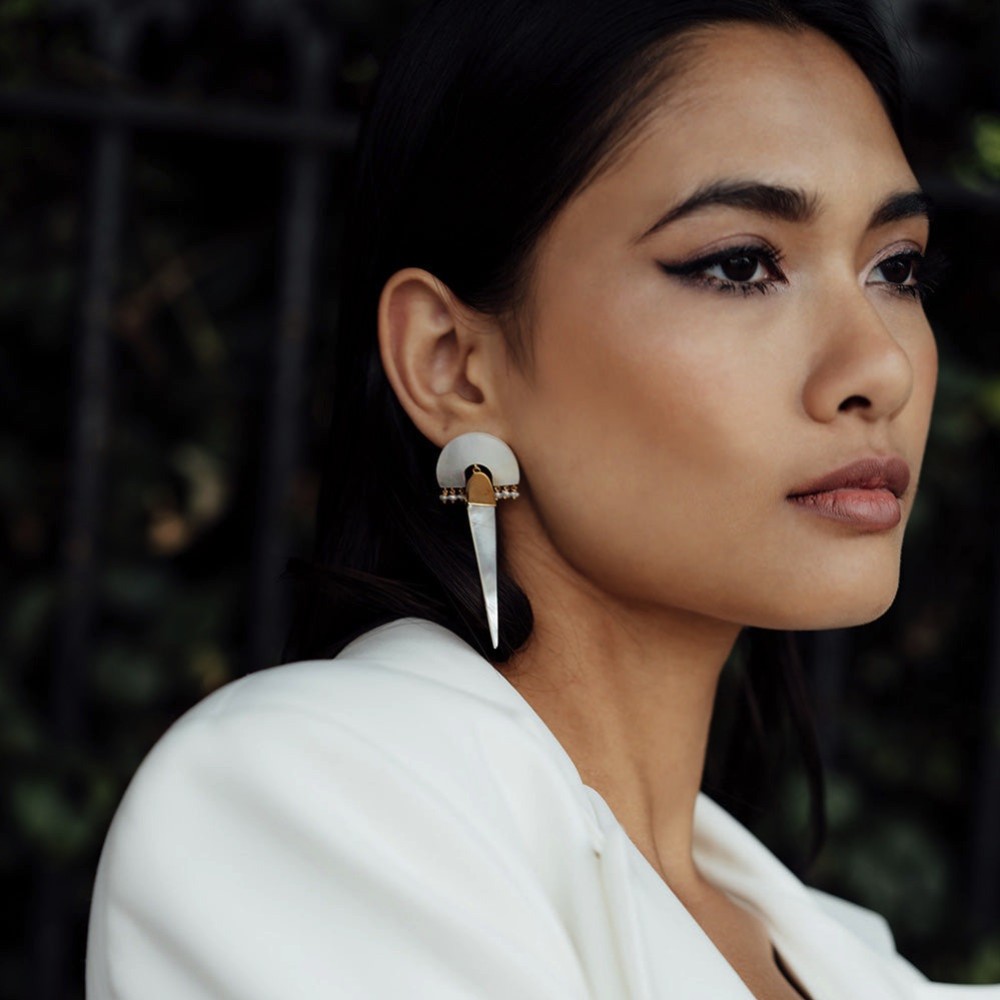 Photograph: Freya Rose Myla Ivory and Gold Mother of Pearl Statement Earrings