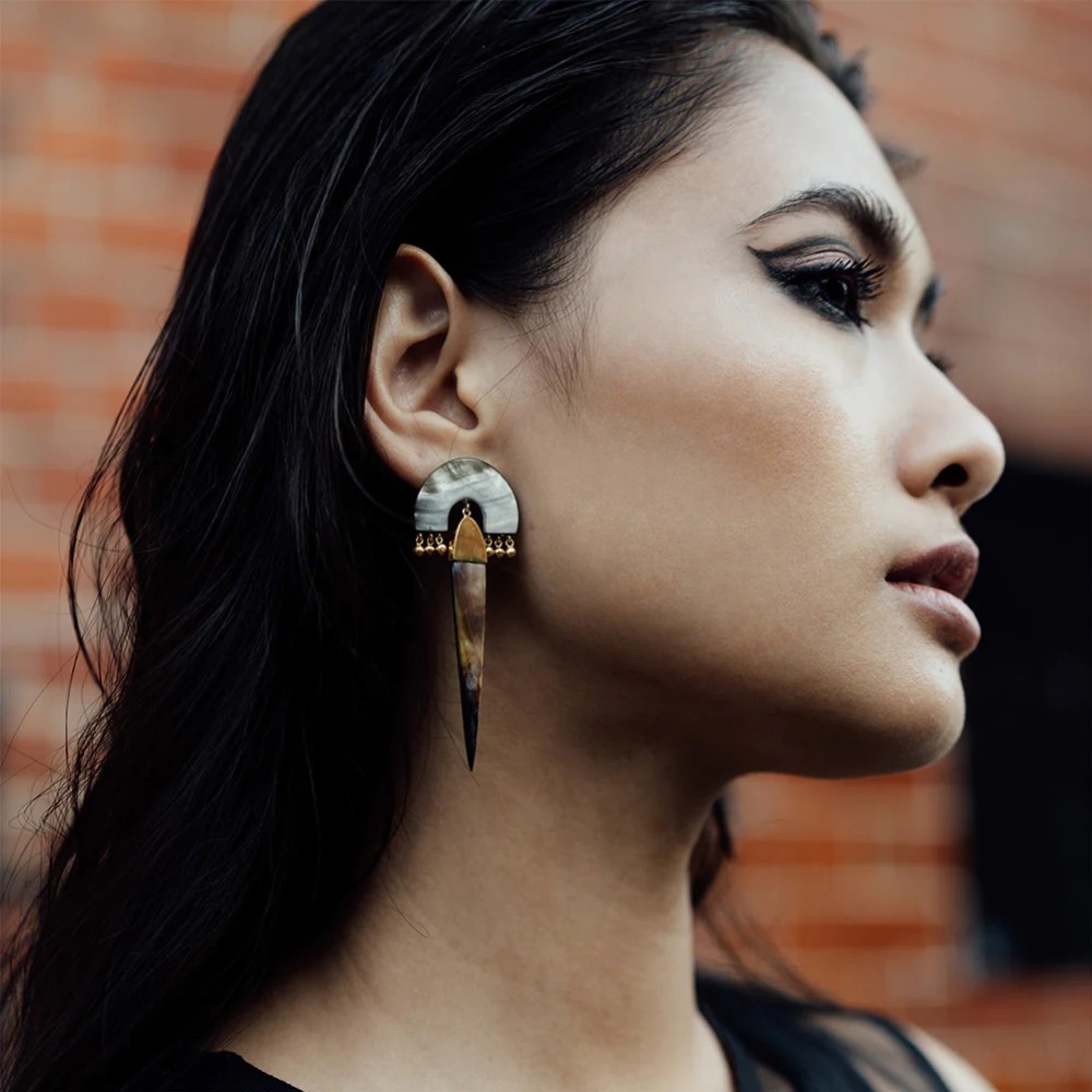 Photograph: Freya Rose Myla Noir and Gold Mother of Pearl Statement Earrings