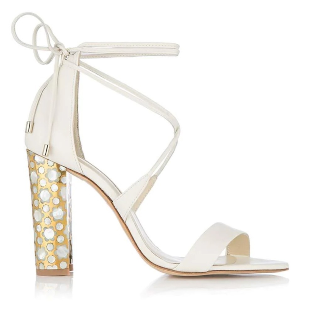 Photograph of Freya Rose Soraya Ivory Leather Floral Mother of Pearl Block Heel Sandals