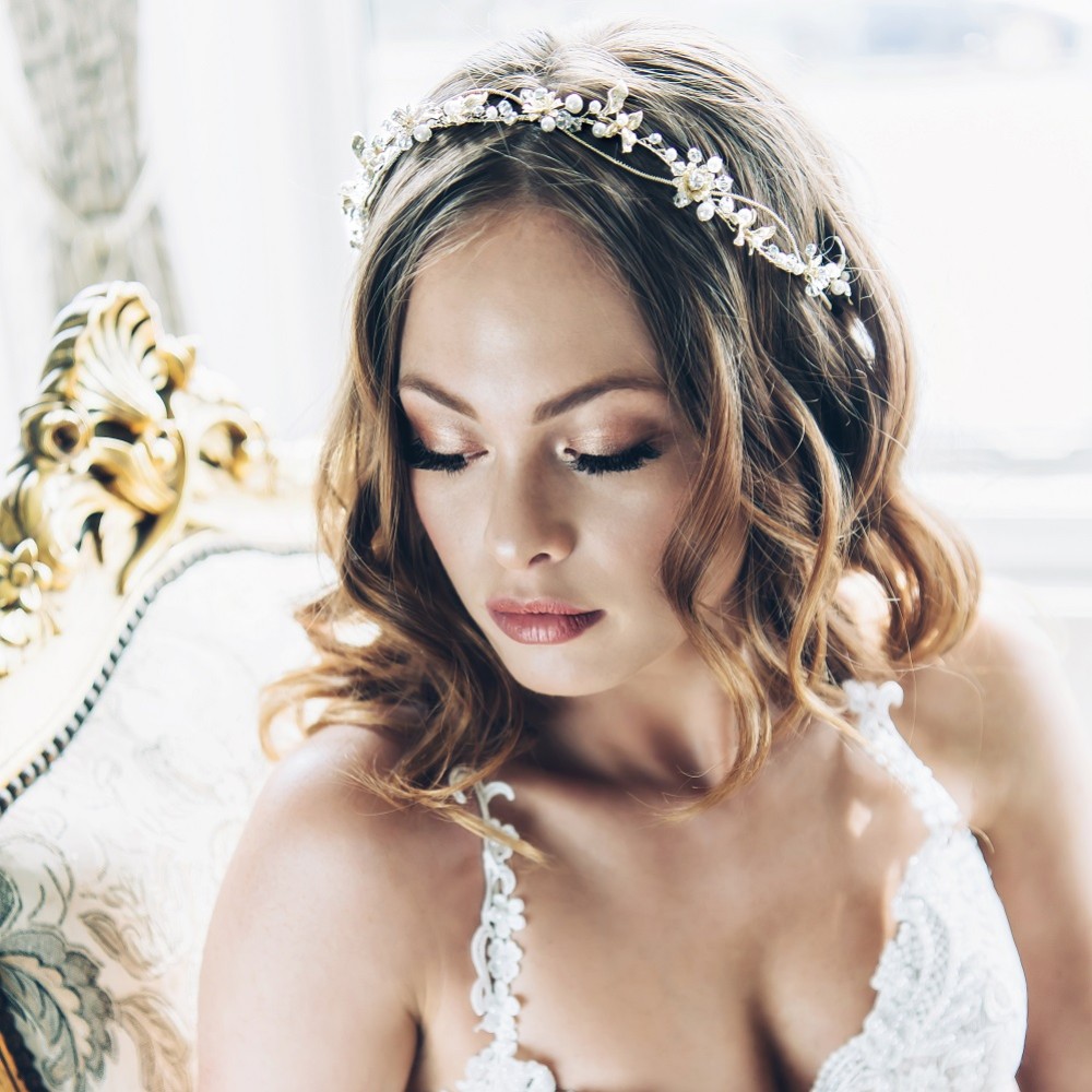 Photograph: Gloria Golden Floral Bridal Halo Headpiece