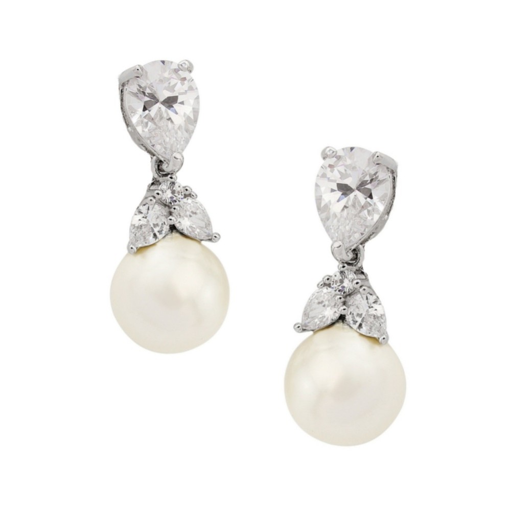 Graceful Crystal and Pearl Wedding Earrings (Silver)
