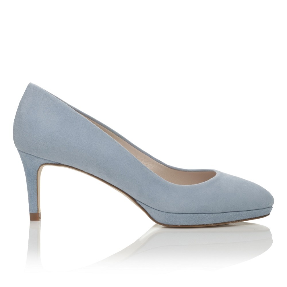 Photograph of Harriet Wilde Amy Low Heel Blue Suede Platform Court Shoes