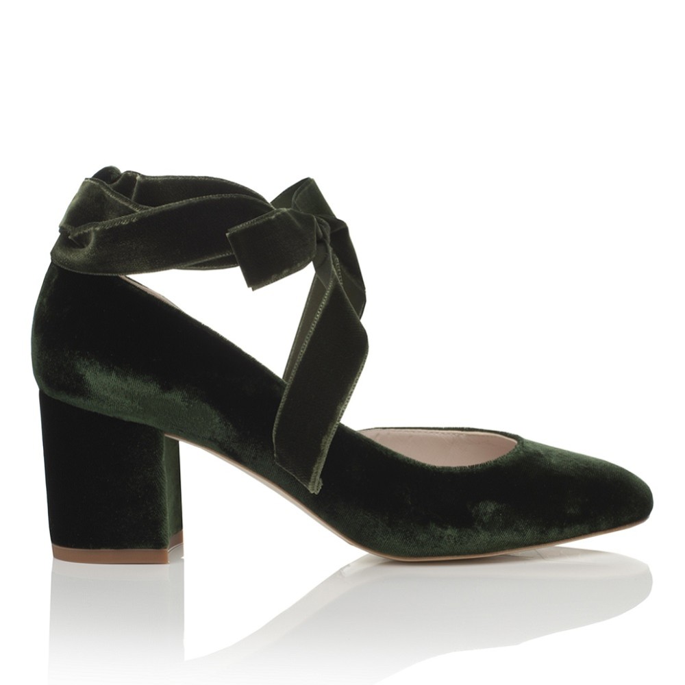 Photograph of Harriet Wilde Hetty Mid Forest Green Velvet Tie Up Block Heel Court Shoes