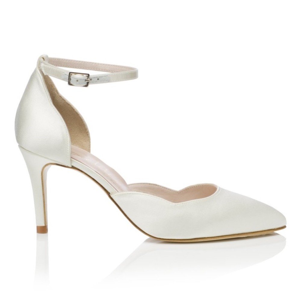 Photograph of Harriet Wilde Sahara Mid Heel Ivory Satin Two Piece Bridal Court Shoes