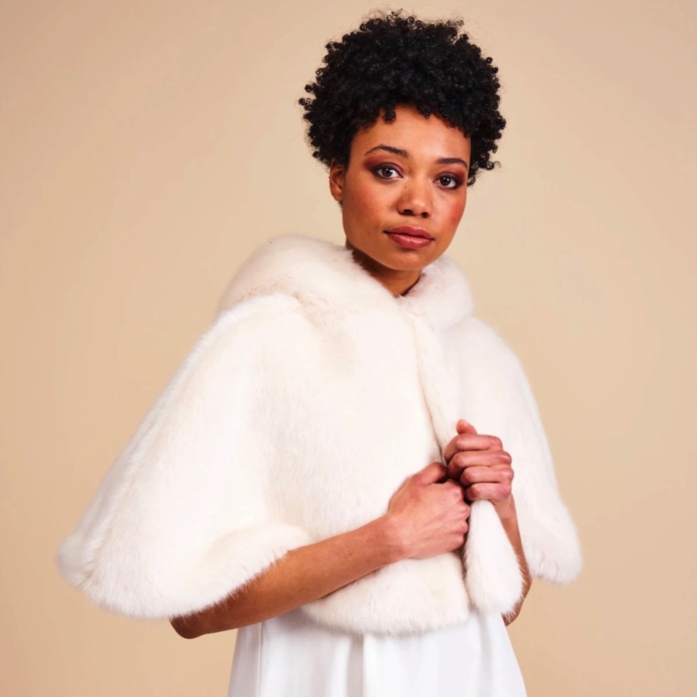 Photograph of Helen Moore Ivory Faux Fur Short Hooded Bridal Cape