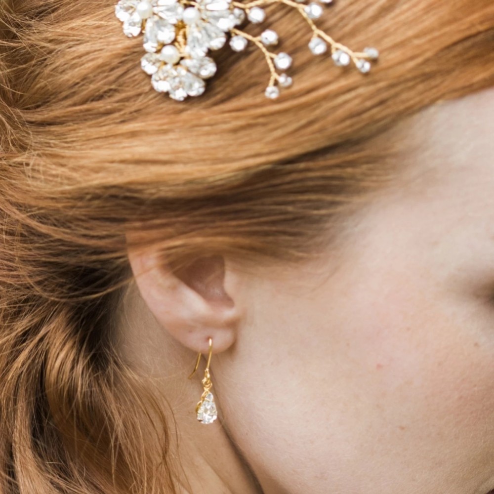 Photograph: Hermione Harbutt Paris Gold Crystal Teardrop Earrings