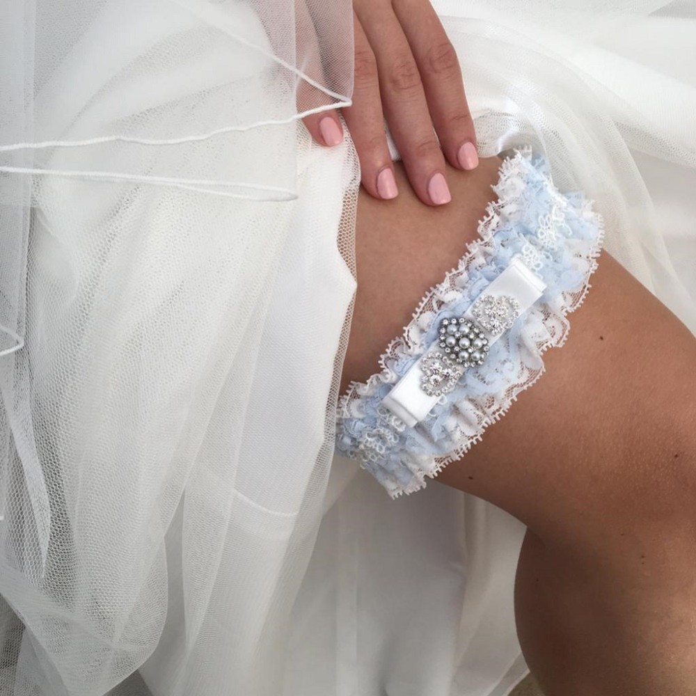 Infinity Blue and Ivory Lace Garter with Crystal Embellished Bow