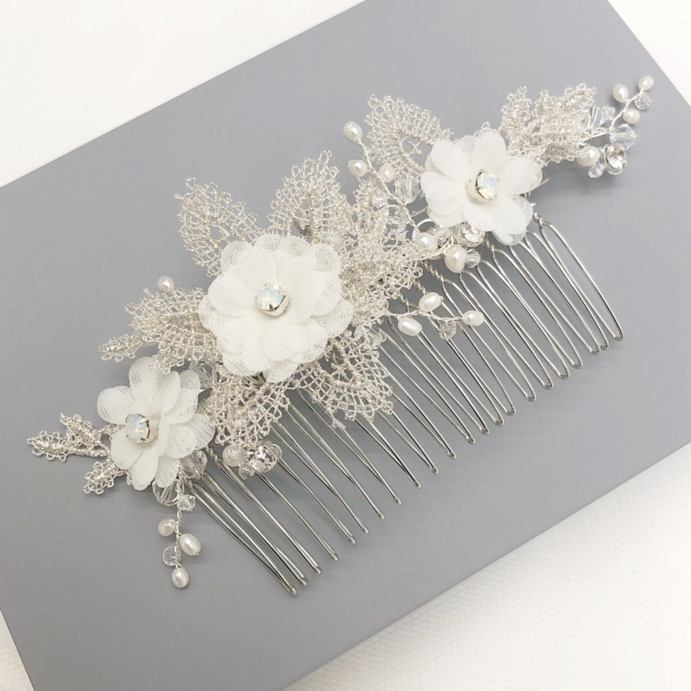 Photograph of Isabella Opal Crystal Flowers and Silver Lace Leaves Hair Comb