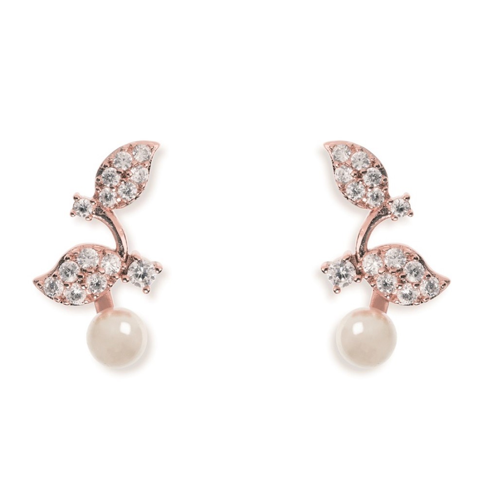 Photograph of Ivory and Co Aphrodite Crystal Leaves and Pearl Wedding Earrings (Rose Gold)