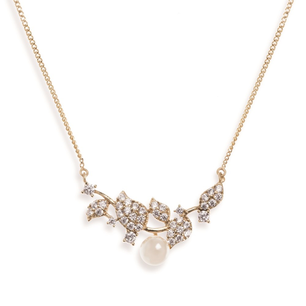 Photograph of Ivory and Co Aphrodite Crystal Leaves and Pearl Wedding Necklace (Gold)