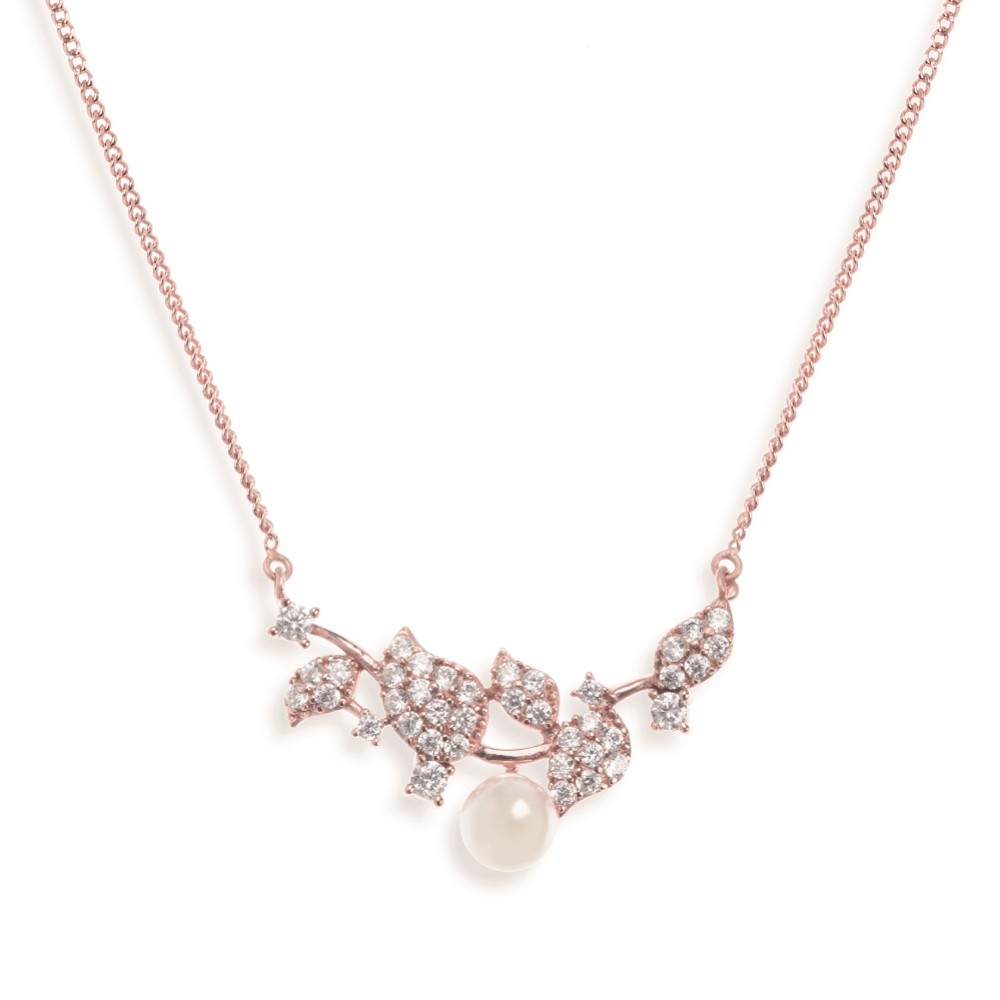 Photograph of Ivory and Co Aphrodite Crystal Leaves and Pearl Wedding Necklace (Rose Gold)