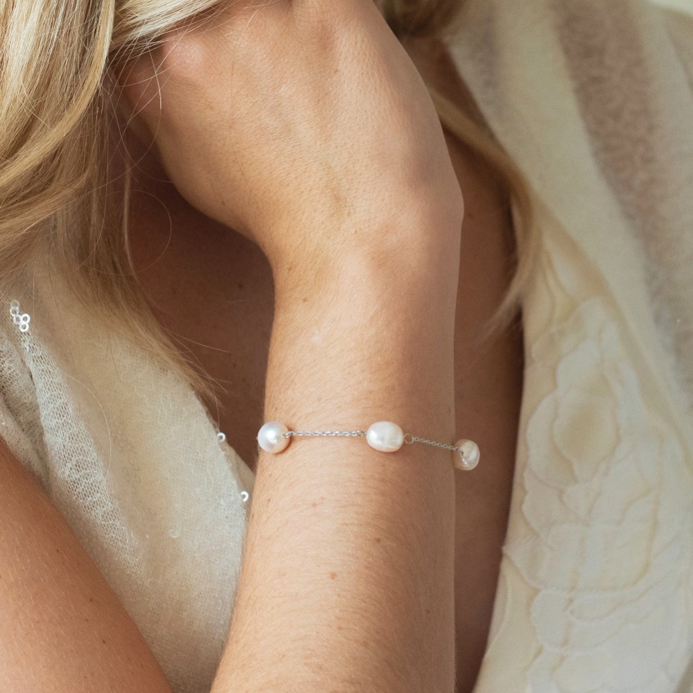 Photograph of Ivory and Co Bermuda Silver Baroque Pearl Dainty Chain Bracelet