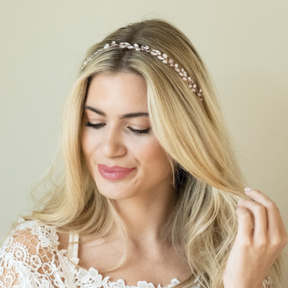 Photograph of Ivory and Co Bohemia Rose Gold Delicate Pearl and Crystal Hair Vine