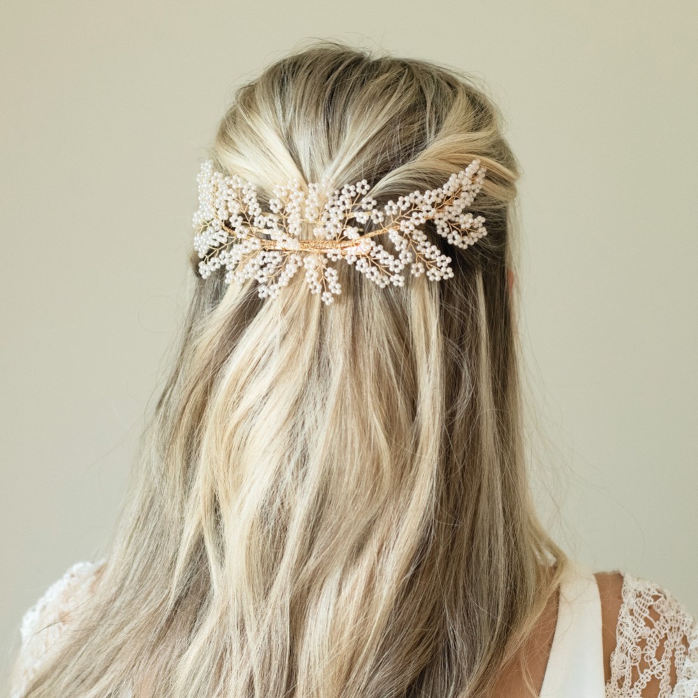 Photograph of Ivory and Co Golden Blossom Dainty Pearl Boho Wedding Hair Clip