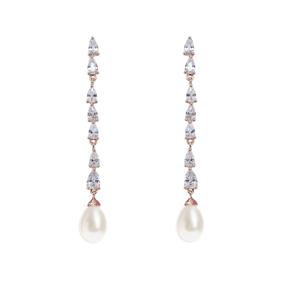 Photograph of Ivory and Co Melbourne Rose Gold Crystal Long Pearl Drop Earrings