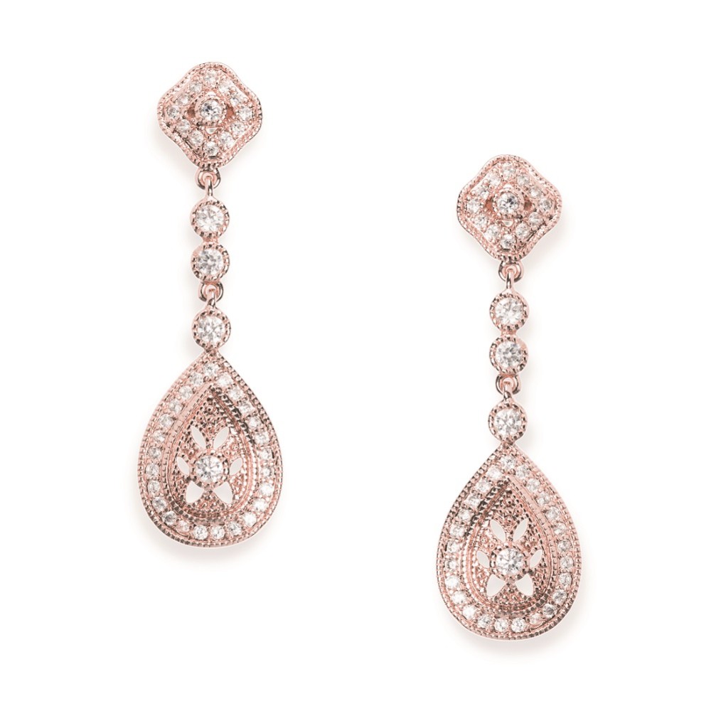 Photograph of Ivory and Co Moonstruck Rose Gold Crystal Wedding Earrings
