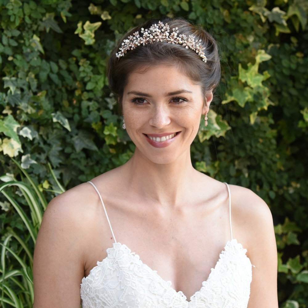 Photograph of Ivory and Co Rosalynd Rose Gold Flowers and Leaves Bridal Tiara