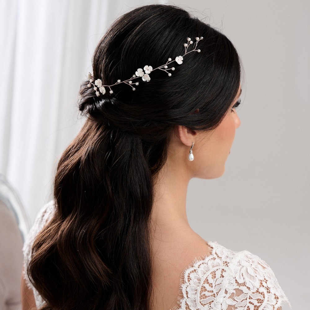 Photograph of Letisha Ivory Flowers and Pearl Sprigs Wedding Hair Vine (Rose Gold)