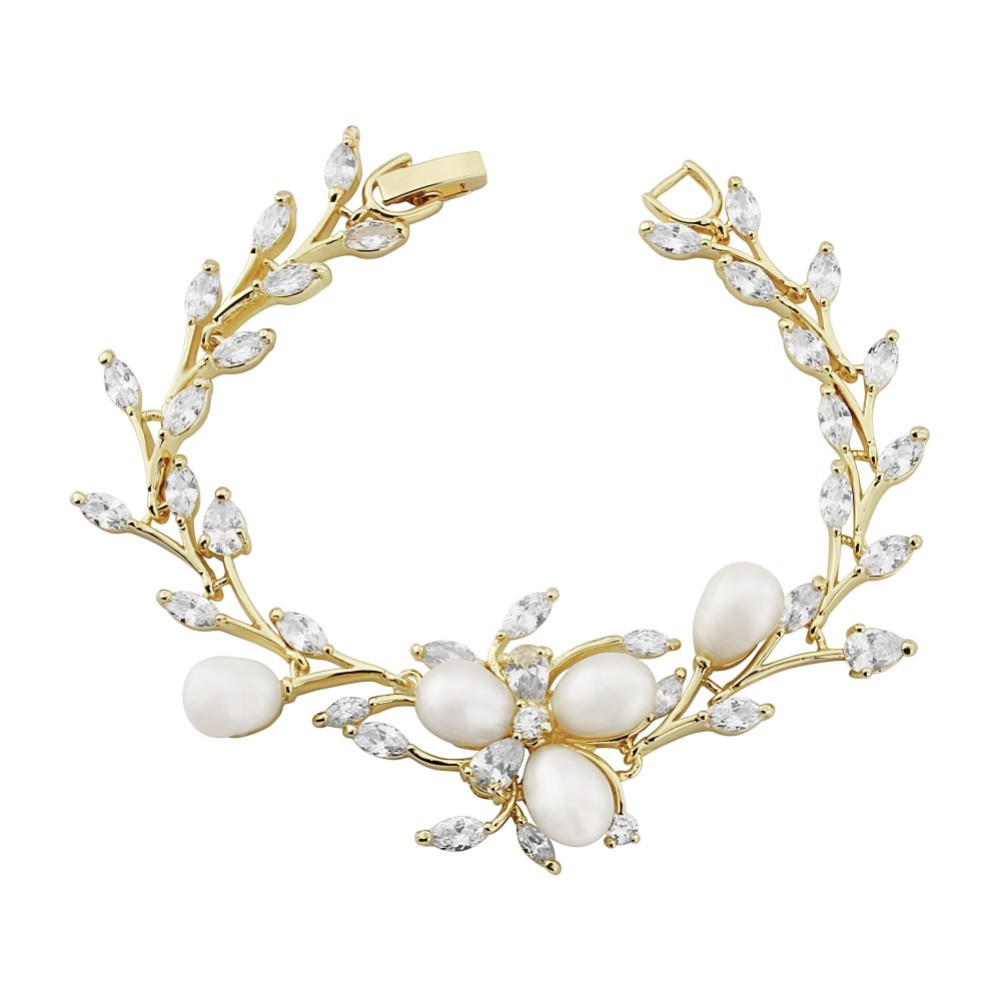Photograph of Lola Freshwater Pearl and Crystal Leaves Wedding Bracelet (Gold)