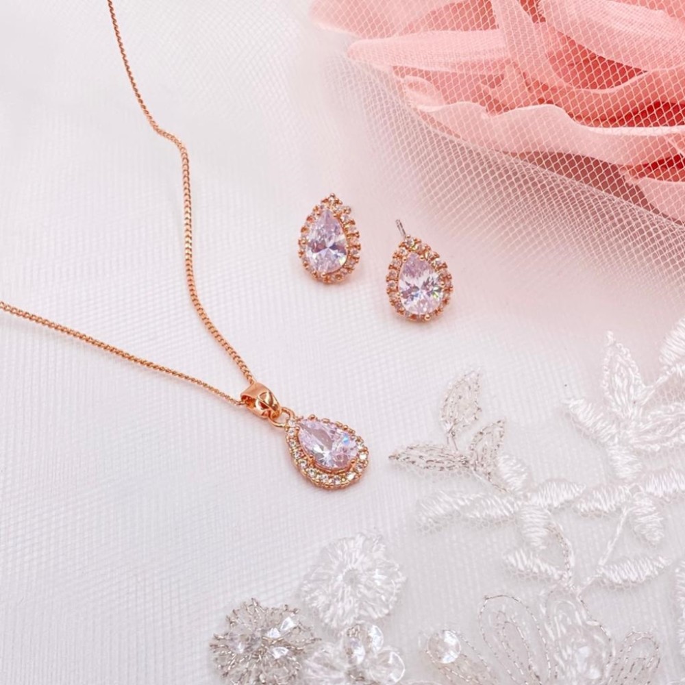 Photograph of Lulu Rose Gold Crystal Stud Wedding Jewellery Set
