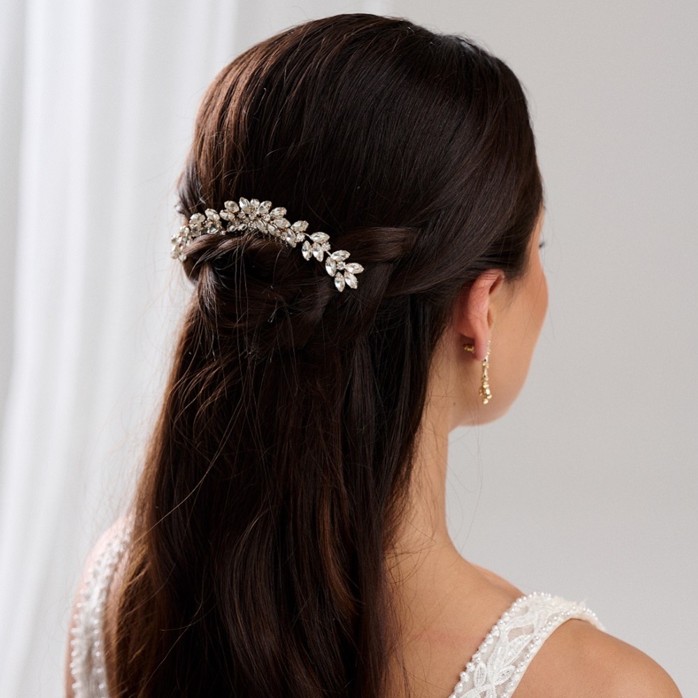 Photograph of Luna Gold Small Crystal Embellished Wedding Hair Comb