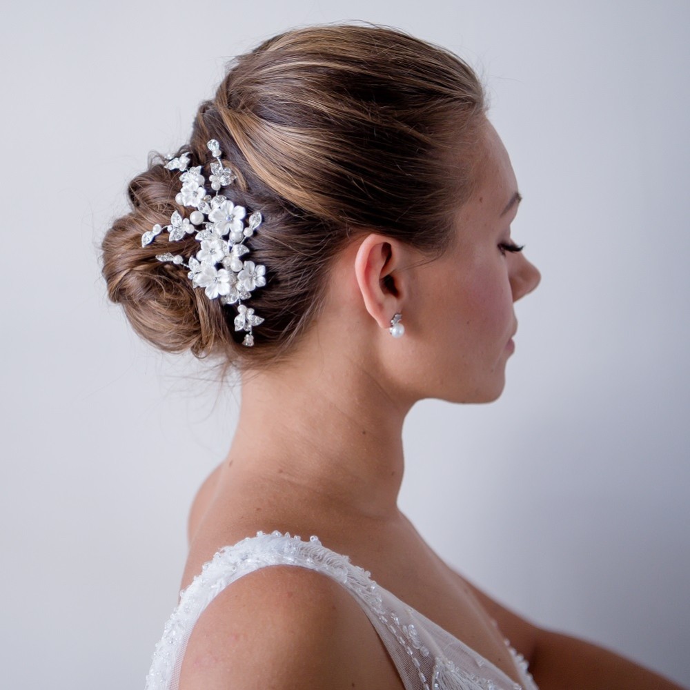Magnolia Porcelain Flowers and Crystal Leaves Wedding Hair Clip