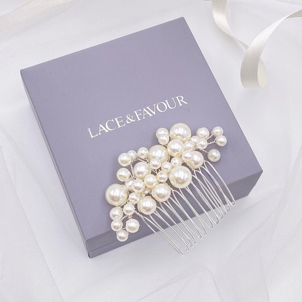 Photograph of Michaela Small Pearl Silver Hair Comb