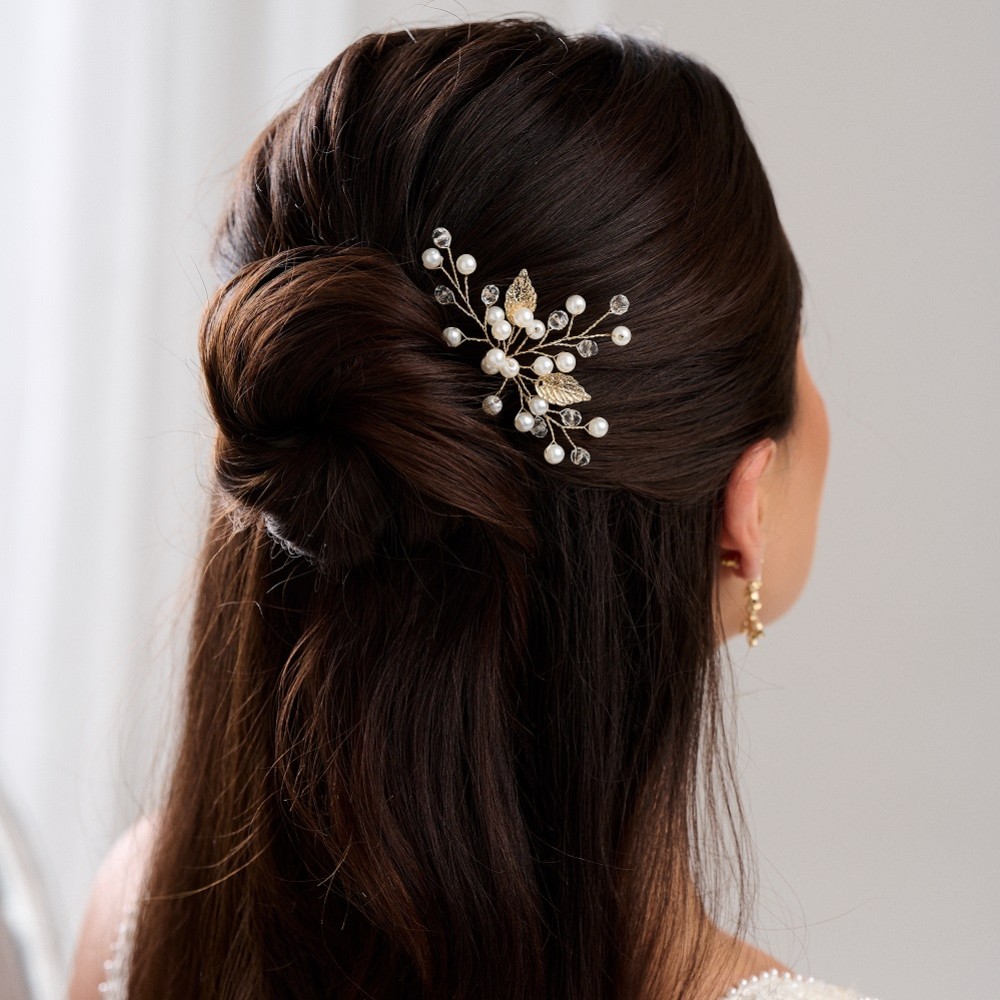 Photograph of October Gold Leaves and Pearl Wedding Hair Pin