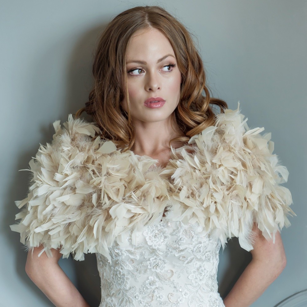 Photograph of Olivia Champagne Ruffle Feather Bridal Stole