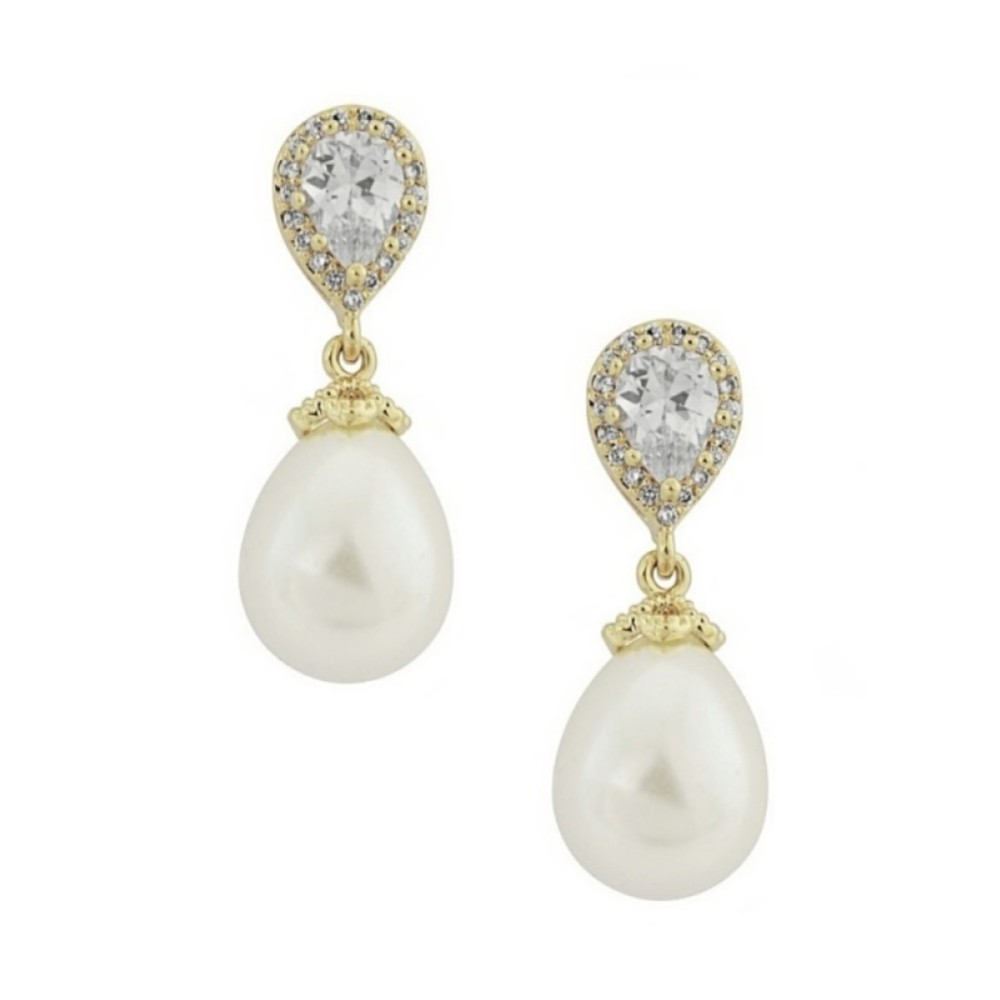 Photograph of Paloma Teardrop Pearl Wedding Earrings (Gold)
