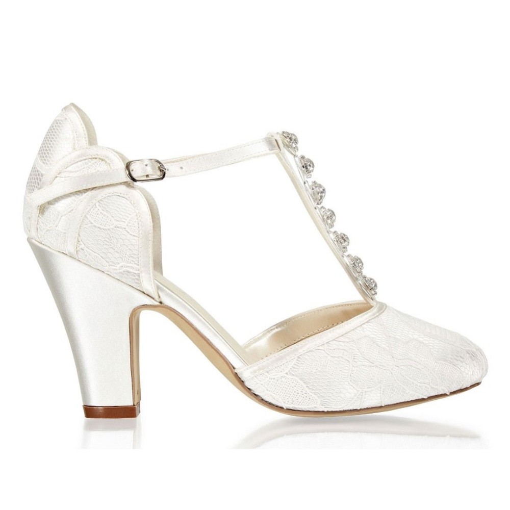 Photograph of Paradox London Adelia Ivory Lace Block Heel Crystal T-Bar Shoes